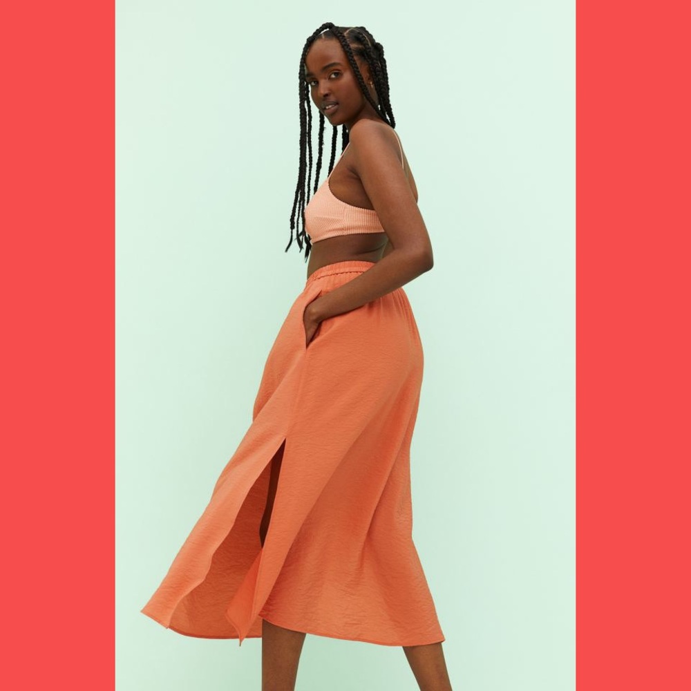 H&M Coral Orange Double Slit Ankle Length Skirt